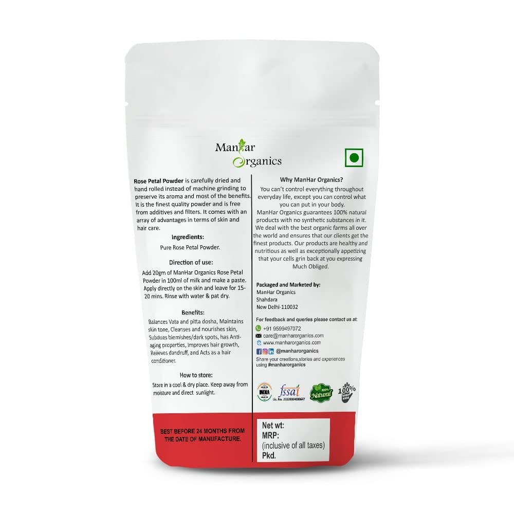 ManHar Organics Rose Petal Powder 100gm | Pure & Natural | For Glowing Skin, Face Packs & Hair Care | No Additives | Herbal Beauty Ingredient view 2