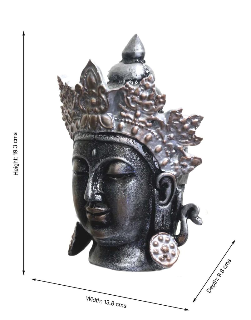 COPPERHOARD Antique Silver Resin Tara Devi Goddess Tara Meditating Buddha Head Statue with Beautiful Smile and Crown for Home Decor and Gifting. view 2
