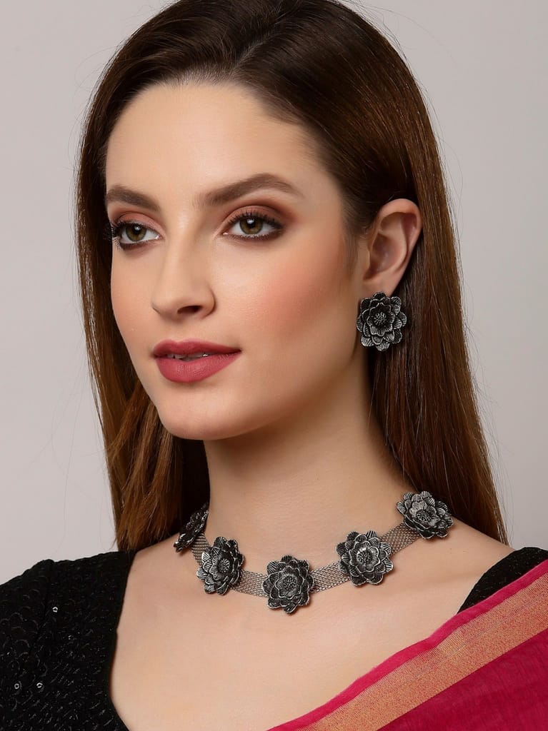 Pujvi Fashions Oxidised Flower Choker Necklace set view 2