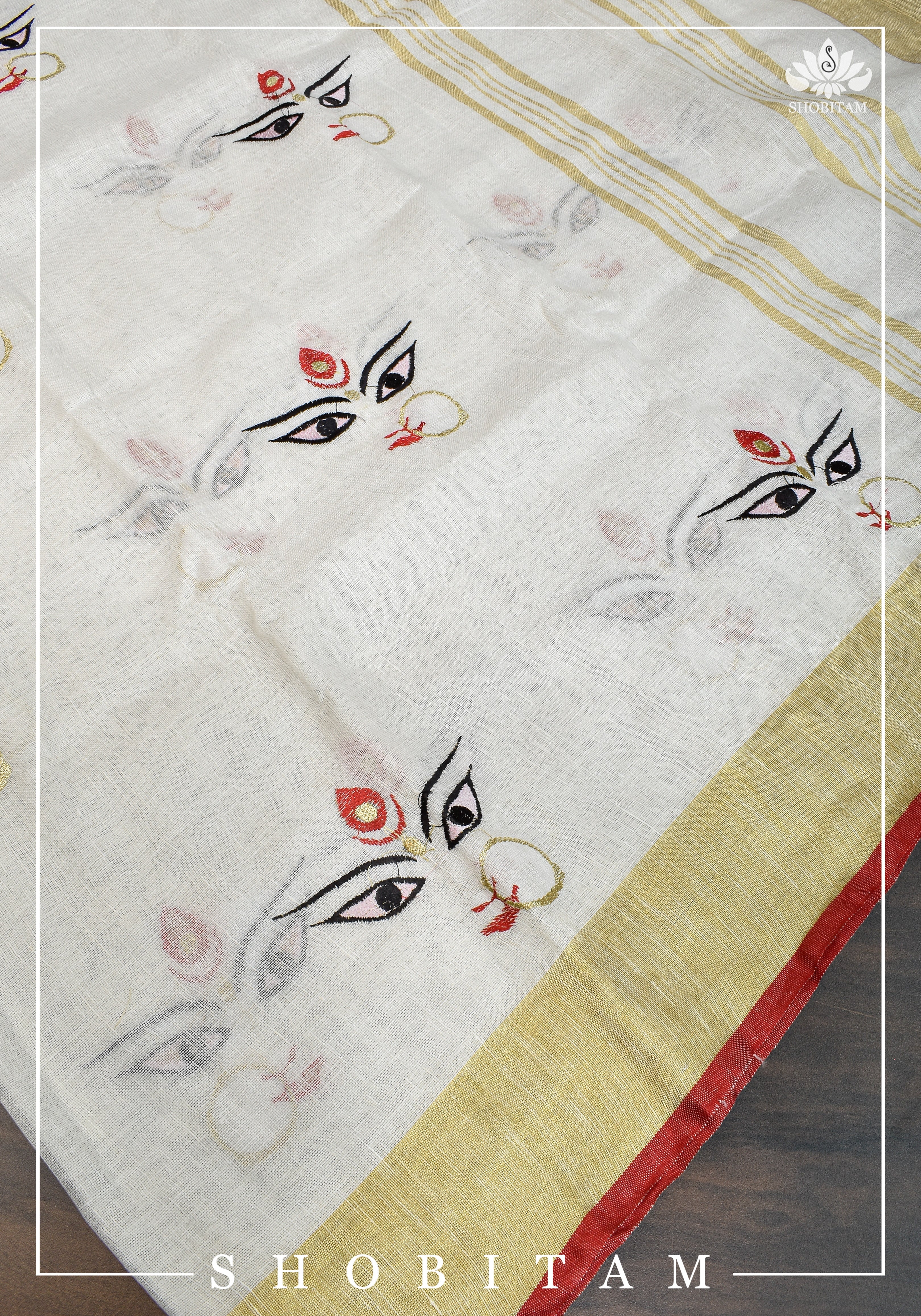White Linen Saree with Goddess Durga Motif view 2
