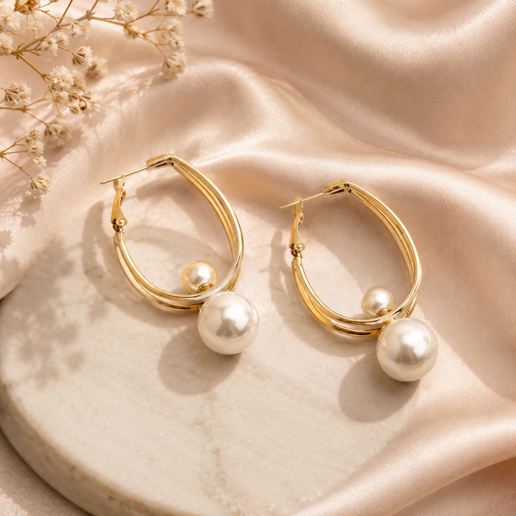 Gold Dual Oval Shape Pearl Drop Earrings for Women – Classic Round Pearl Dangle Hoop Earrings with Premium Anti-Tarnish Finish view 2