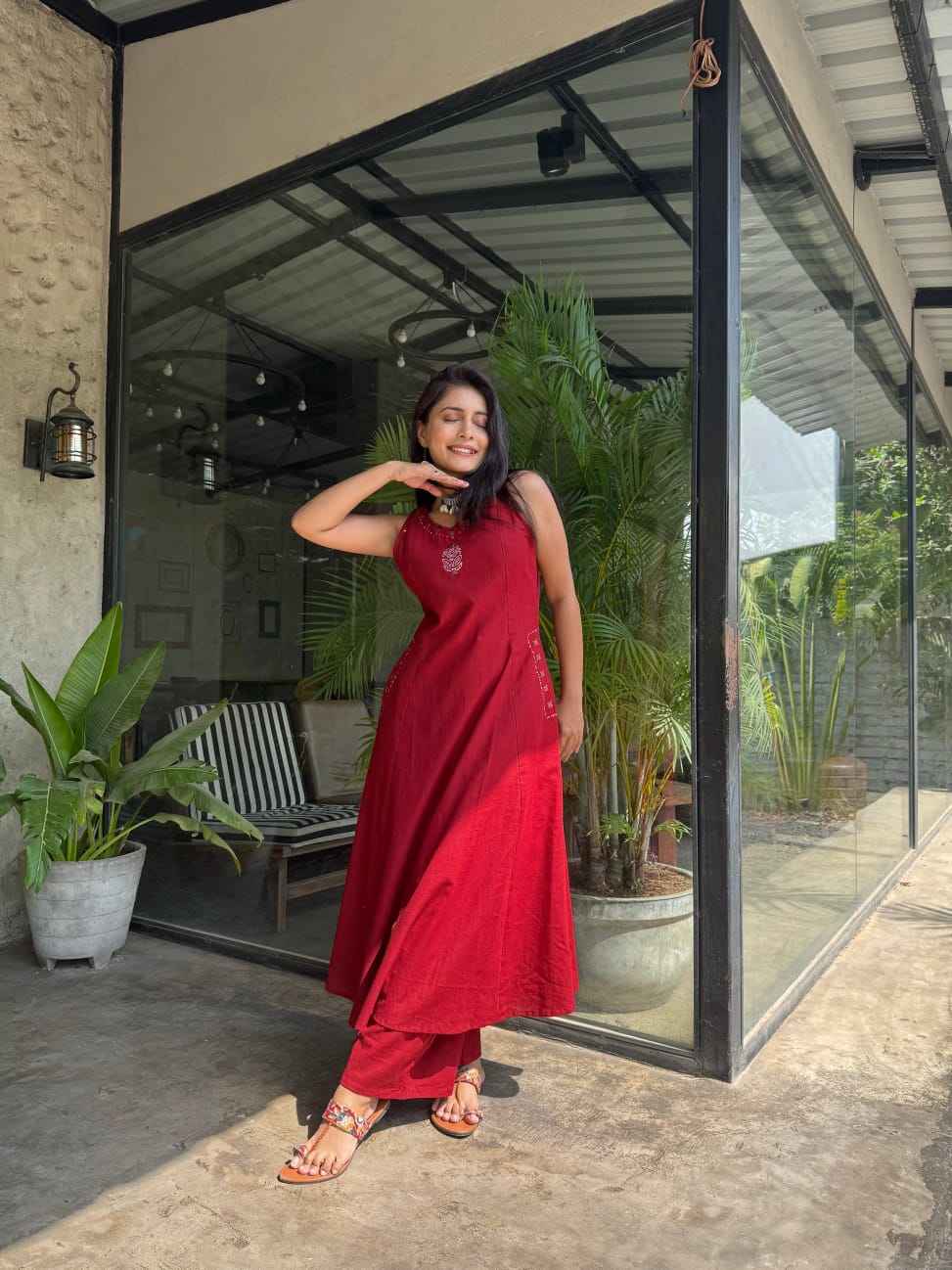 Cotton Slub Embroidered Kurta Set view 2