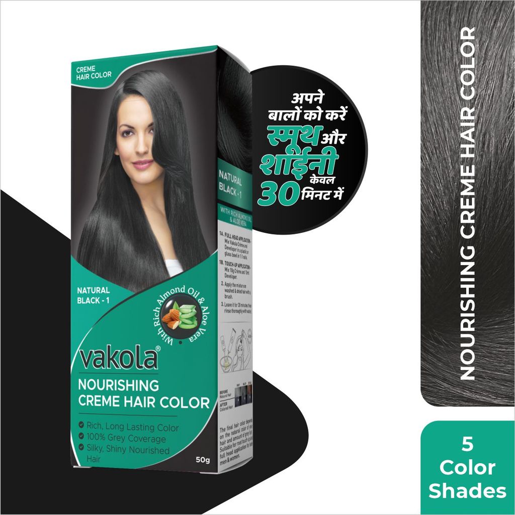 Vakola Natural Black Hair Color Cream – Pack of 1 (100ml) | Permanent, Long-Lasting Grey Coverage with Almond Oil & Aloe Vera view 2