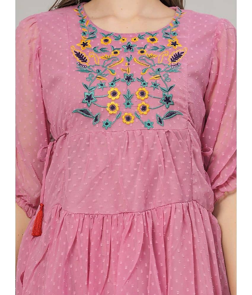 JC4U Women Crepe Printed Fit & Flare Dress ( Pink ) view 2