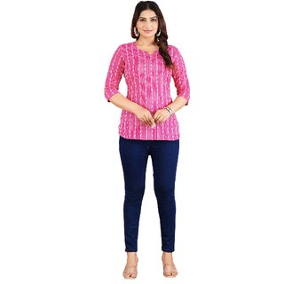 Women Striped Cotton Blend Straight Casual Kurti Top for Women Stylish Daily Wear Kurta (Pink) view 2
