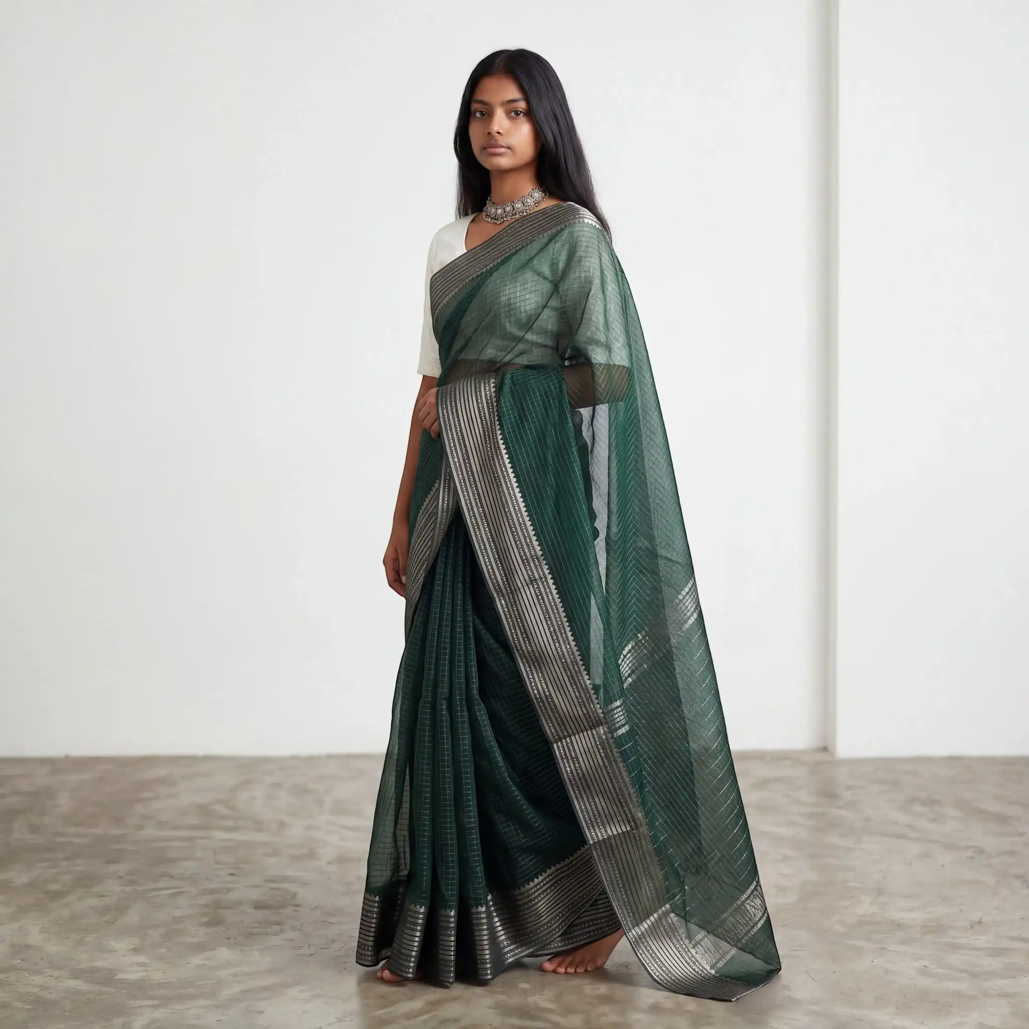 Handwoven Green Mangalgiri Silk-Cotton Saree with Temple Zari Border view 2