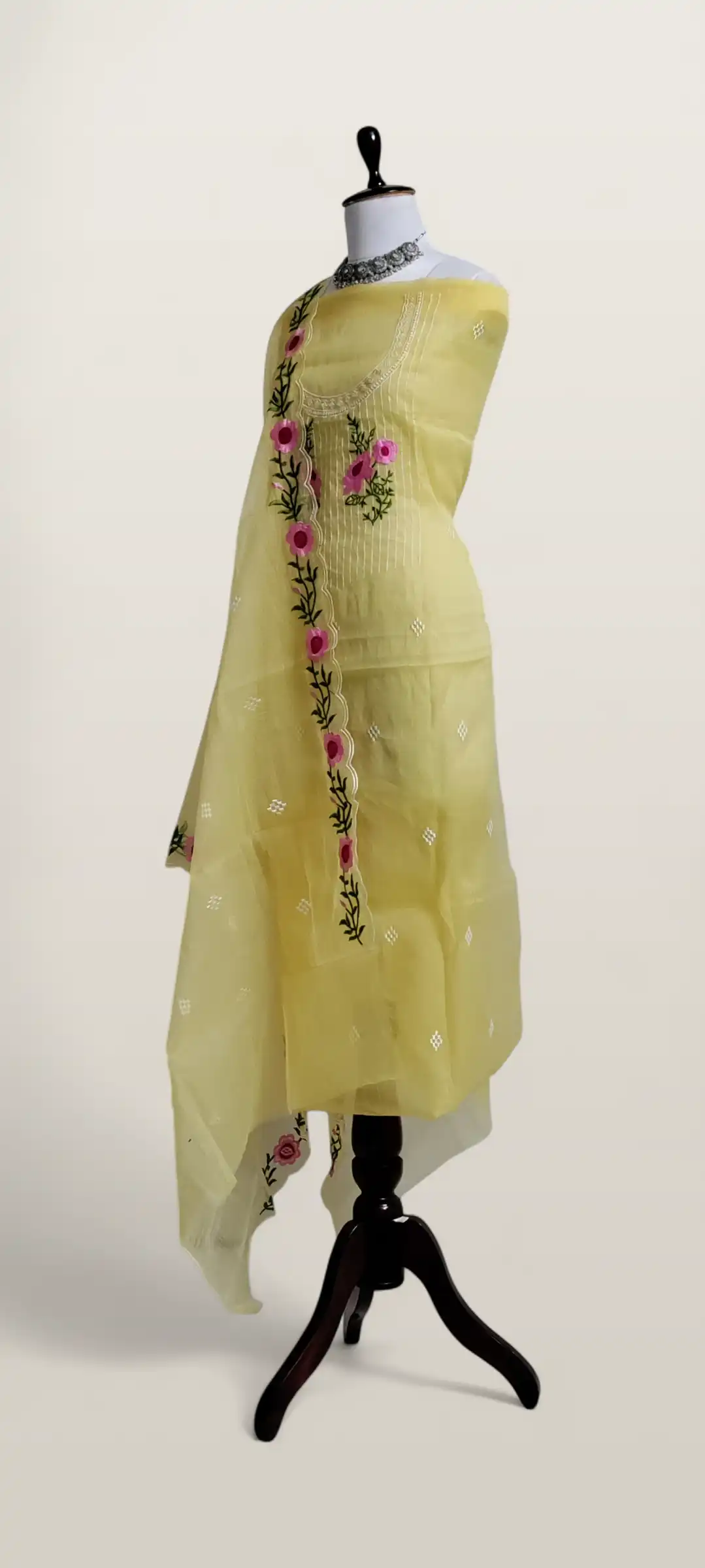 Kota Doria Dress Material Lemon Yellow Floral Yoke view 2