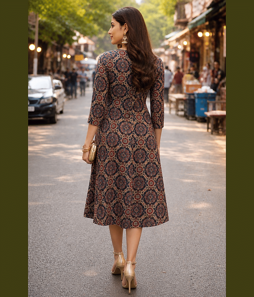 Frionkandy Women Cotton Printed A-line Dress ( Multicolor 2 ) view 2
