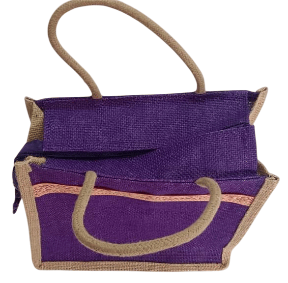 Purple Jute Bag with Zipper Closure and Double Handles view 2