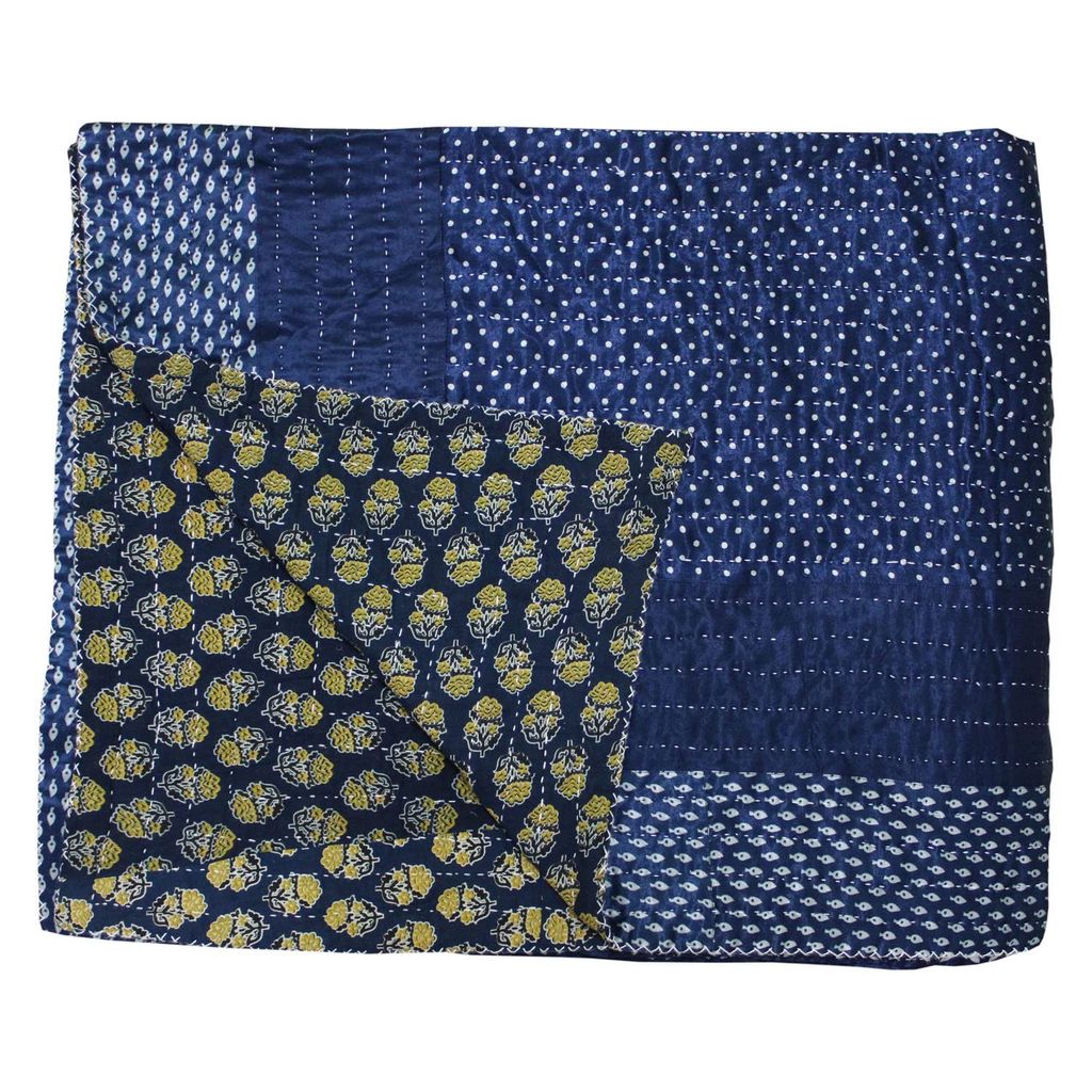 Garvi Gurjari Navy Blue Shaded Mashru Double Bed Patchwork Quilt view 2
