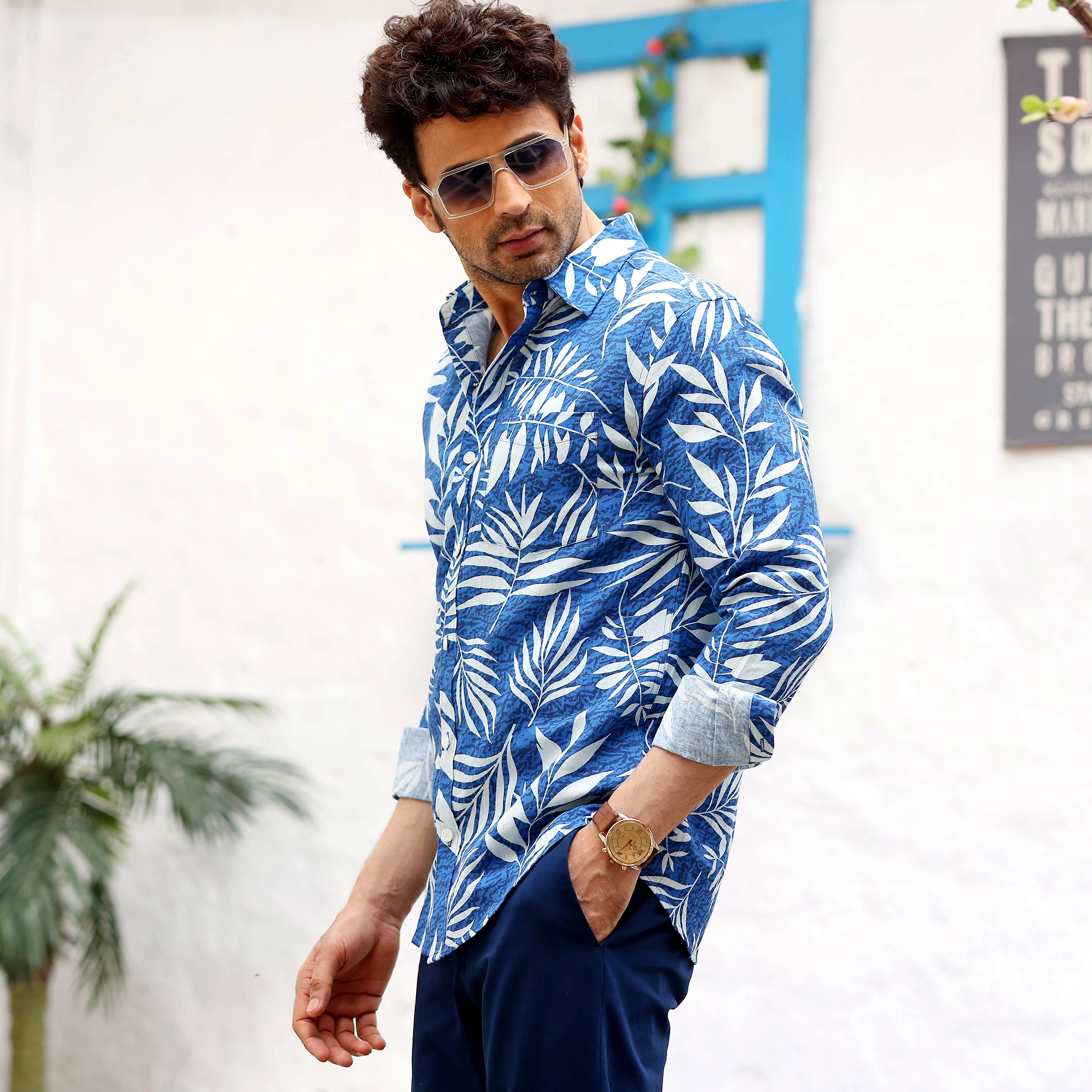 Tropical Leaves Steel Blue Casual Pure Linen Full Shirt (Size - L) by BLUE EAGLE view 2