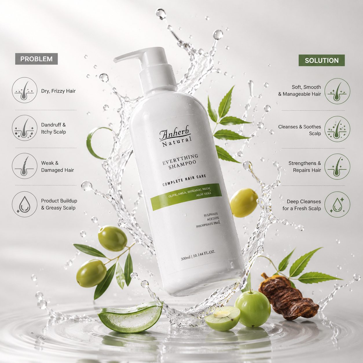 Anherb Natural Everything Shampoo, Olive, Amla, Shikakai, Neem, Aloe Vera Blend - 300ml view 2