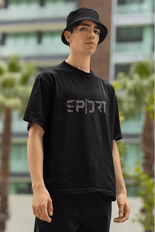 Black Oversized T-Shirt with Rhinestone "SPORT" Detailing view 2