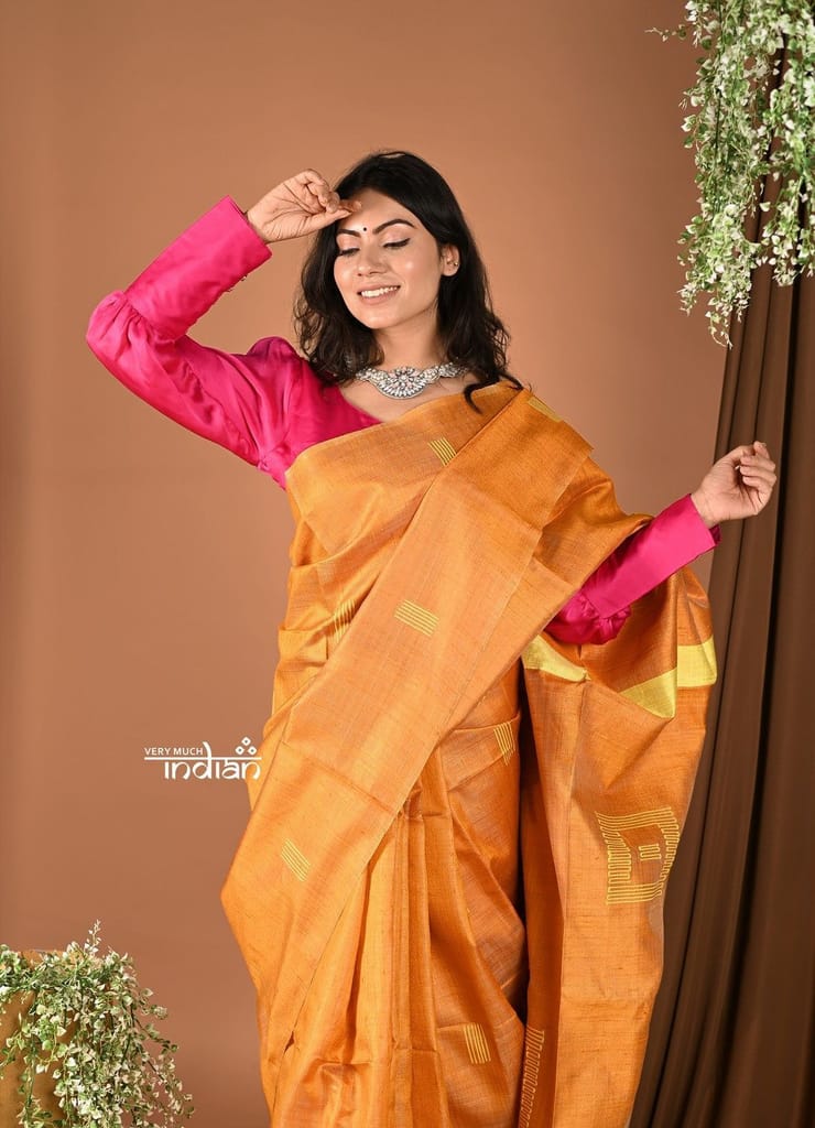 Handloom and Charkha Woven Pure Dupion Silk by Govt certified Weavers - Khaddi Orange view 2