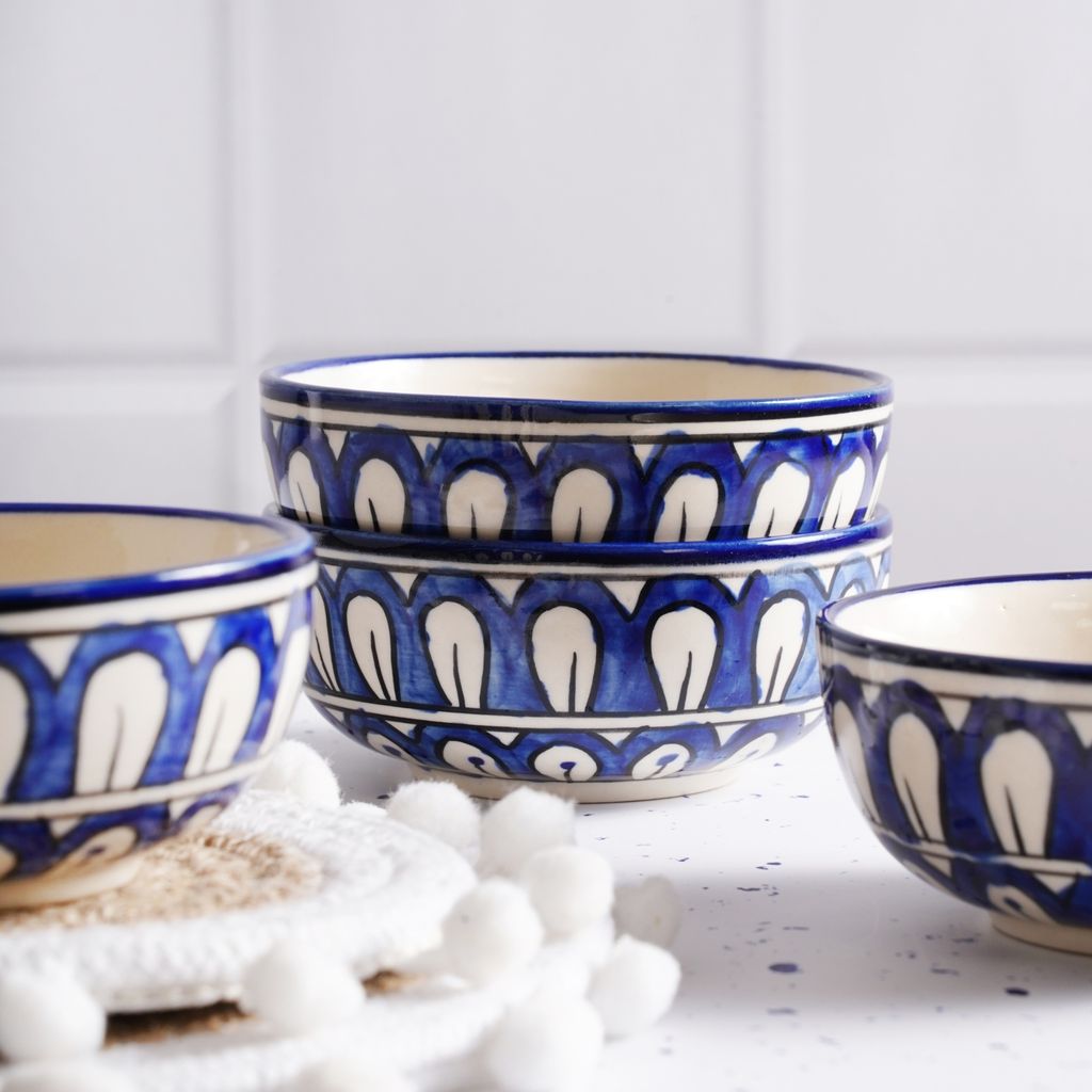 STOREPEDIA Handcrafted Blue Mughal Ceramic Bowl Katori Set of 4 Microwave Dishwasher Safe Vegetable Dessert Snack Fruits Soup Bowl Set for Hotel Kitchen Gift Use 250 ml view 2