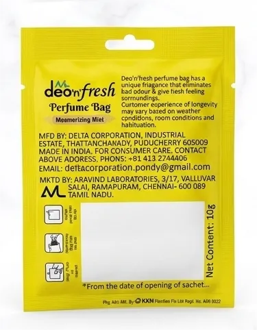 Deo'n'Fresh Perfume Bag, Fresh Lime Fragrance, Eliminates Bad Odour, 10g Pack of 4 view 2