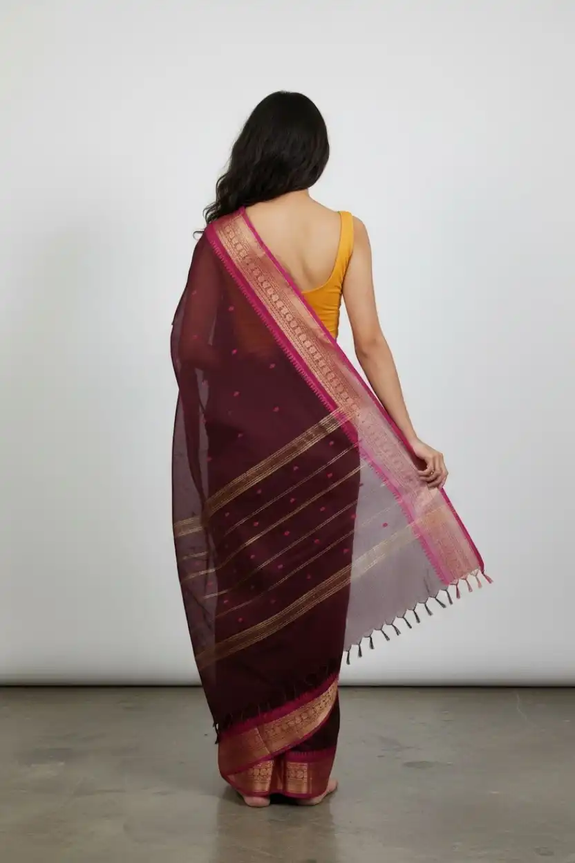 Handwoven Maroon Kanchipuram Cotton-Silk Saree with Dual Zari Borders view 2