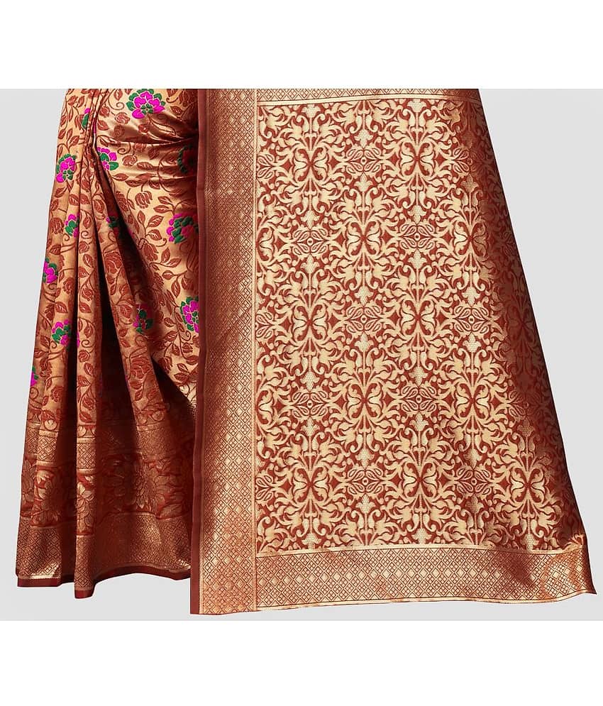 Om Shantam Sarees Banarasi Silk Woven Saree With Unstitched Blouse Piece ( Red ) view 2