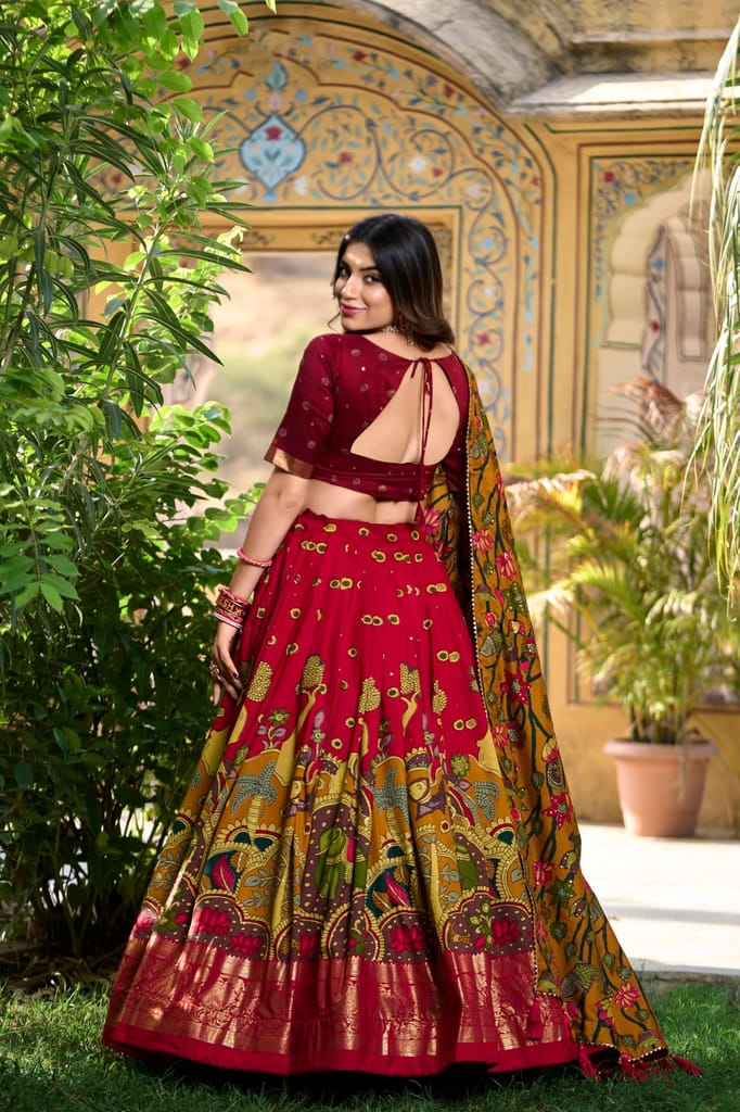 Shringar House Traditional Premium Floral Print & Foil Work Lehenga Choli Set for Wedding, Ethnic Wear with Embroidered Gota Patti Border Lehenga Choli Dupatta Set with Unstitched Blouse (Red) view 2