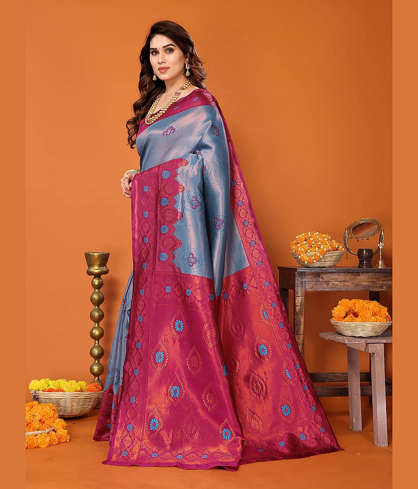 BLEESBURY Kanjivaram Woven Saree With Unstitched Blouse Piece ( Teal ) view 2