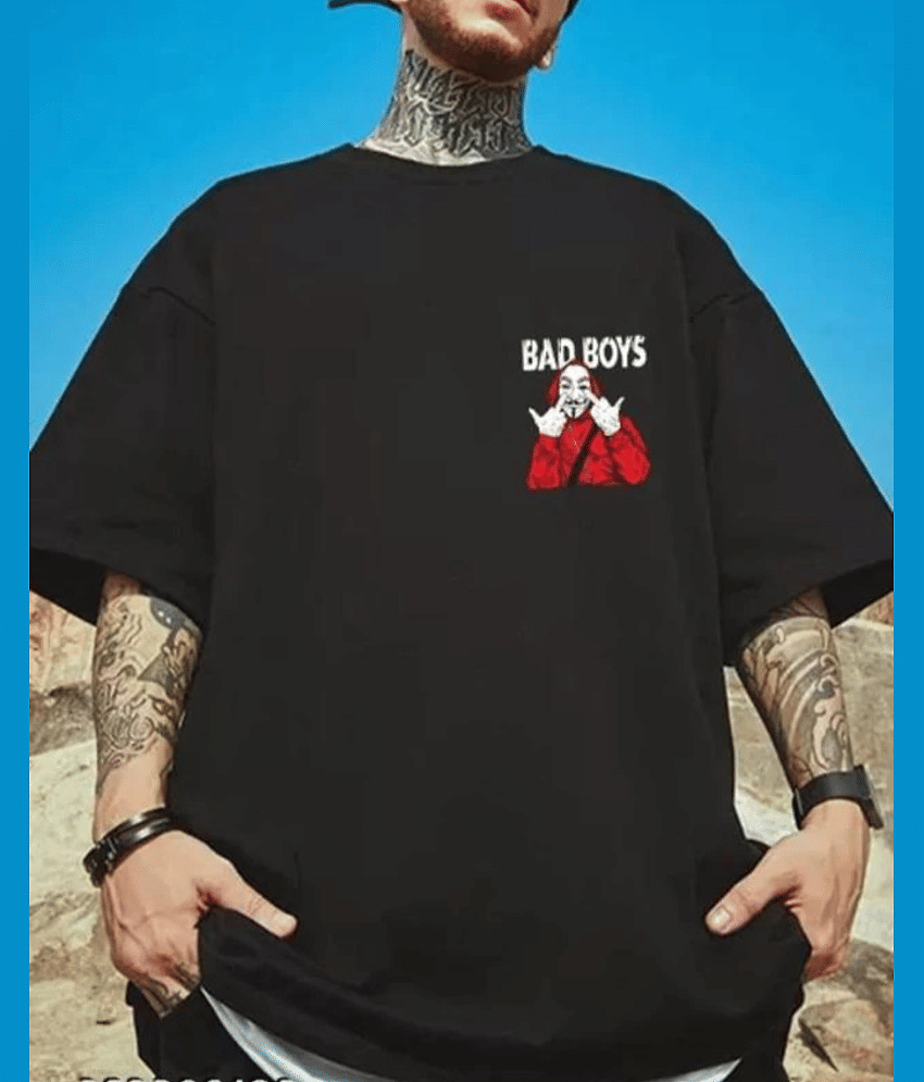 Deslizar Cotton Blend Oversized Fit Printed Half Sleeves Men's Round T-Shirt - Black ( Pack of 1 ) view 2