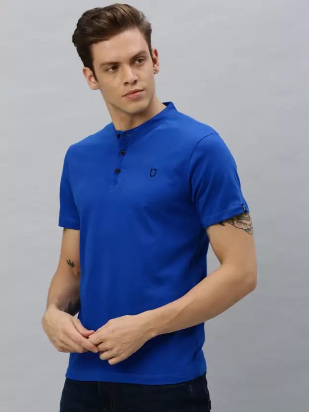 Men Solid Mandarin Collar Pure Cotton Blue T-Shirt view 2