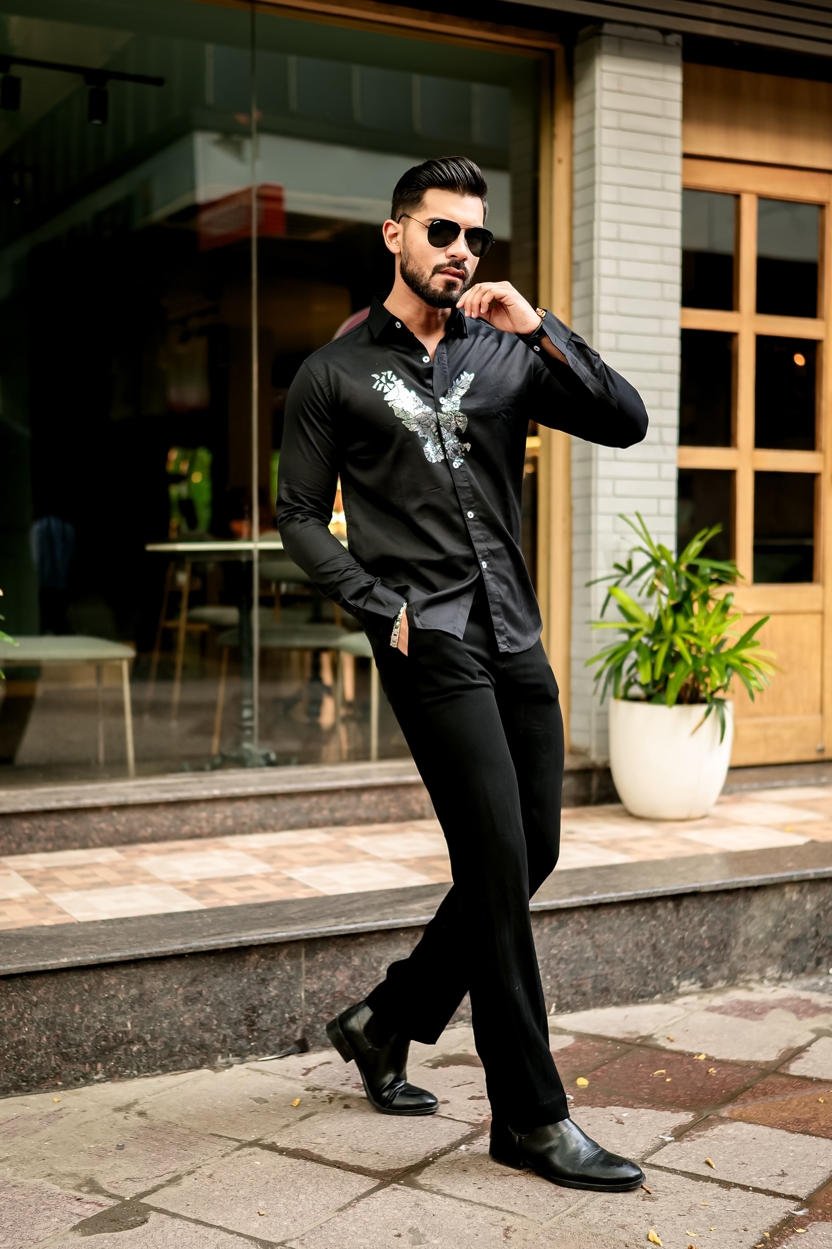 Trrendo Black Lux Embroidered Shirt premium satin cotton shirt view 2