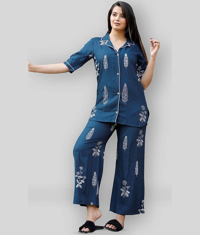 CTMTEX - Navy Blue Rayon Women's Nightwear Nightsuit Sets