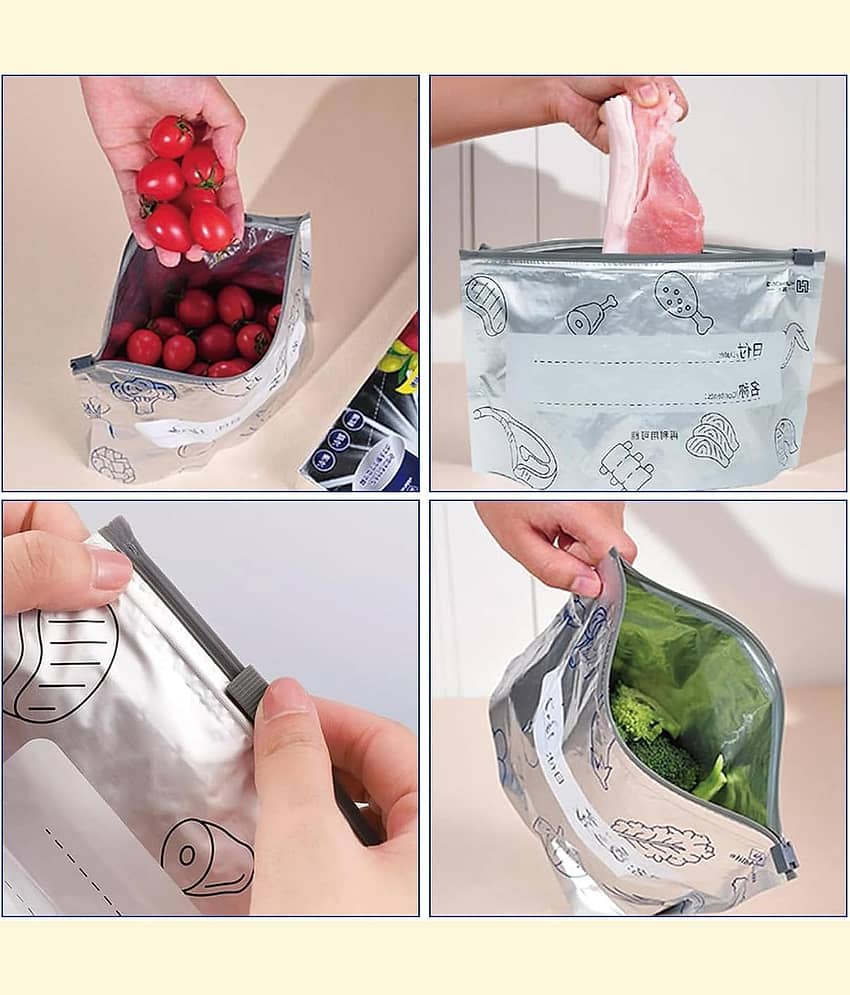 10 PCS Reusable Aluminum Food Storage Bag, Stand Up Foil Sealable Bags with Zip Lock,Leakproof Aluminium Foil Fresh keeping Bag for Vegetable Fruit Meat view 2