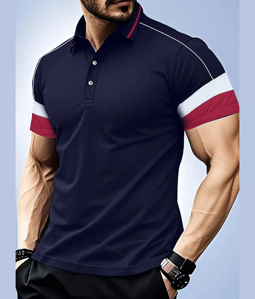 Leotude Men Polyester Regular Fit Colorblock Polo T Shirt ( Navy )