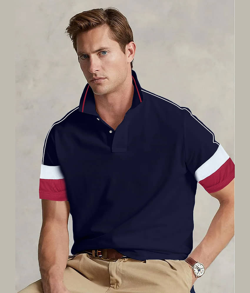 Leotude Men Polyester Regular Fit Colorblock Polo T Shirt ( Navy ) view 2