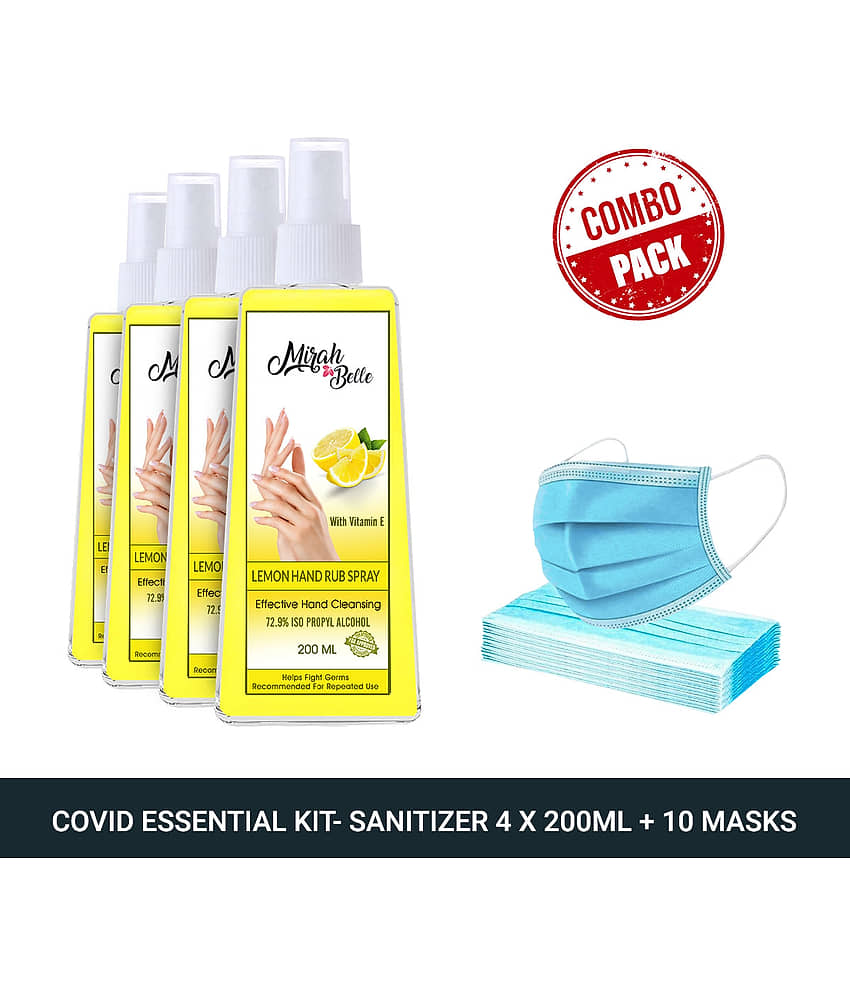 Mirah Belle Lemon Hand Rub Sanitizer Spray 200ml (Pack of 4) & 10 Masks Sanitizers 800 mL Pack of 4