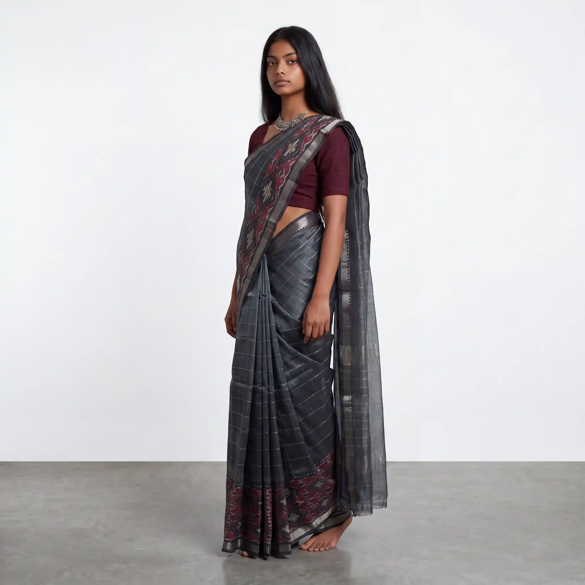 Mangalgiri Charcoal Grey Cotton Silk Saree Ikat Pallu view 2