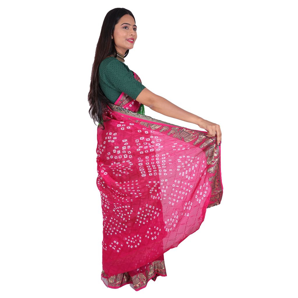 Tribes India Handwoven Green and Pink Bandhej Saree view 2