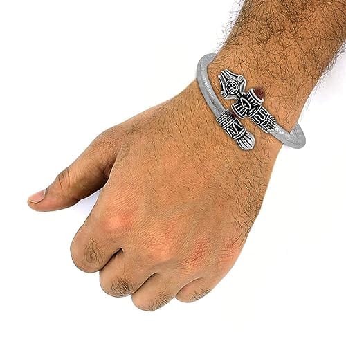 Rudraksha Shiv Om Trishul Damroo Kada for men, Lord Shiva Bahubali Cuff Bracelet for men, boys | Religious Brass Kada | Free size view 2