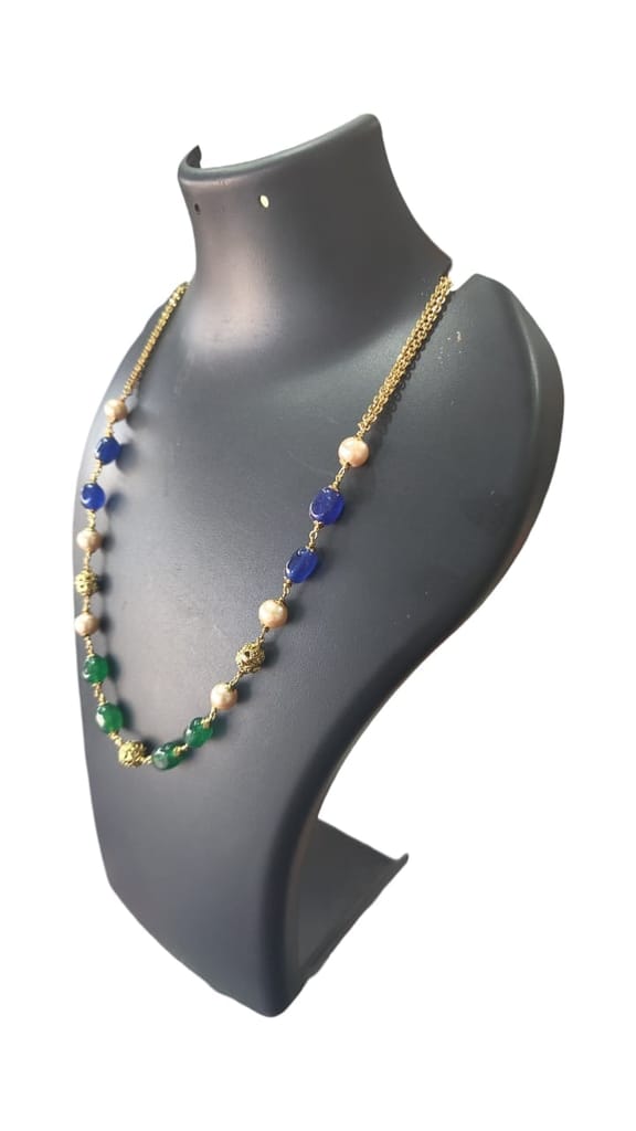 Gold Plated Pearl and Onyx Beaded Necklace with Green Stones view 2