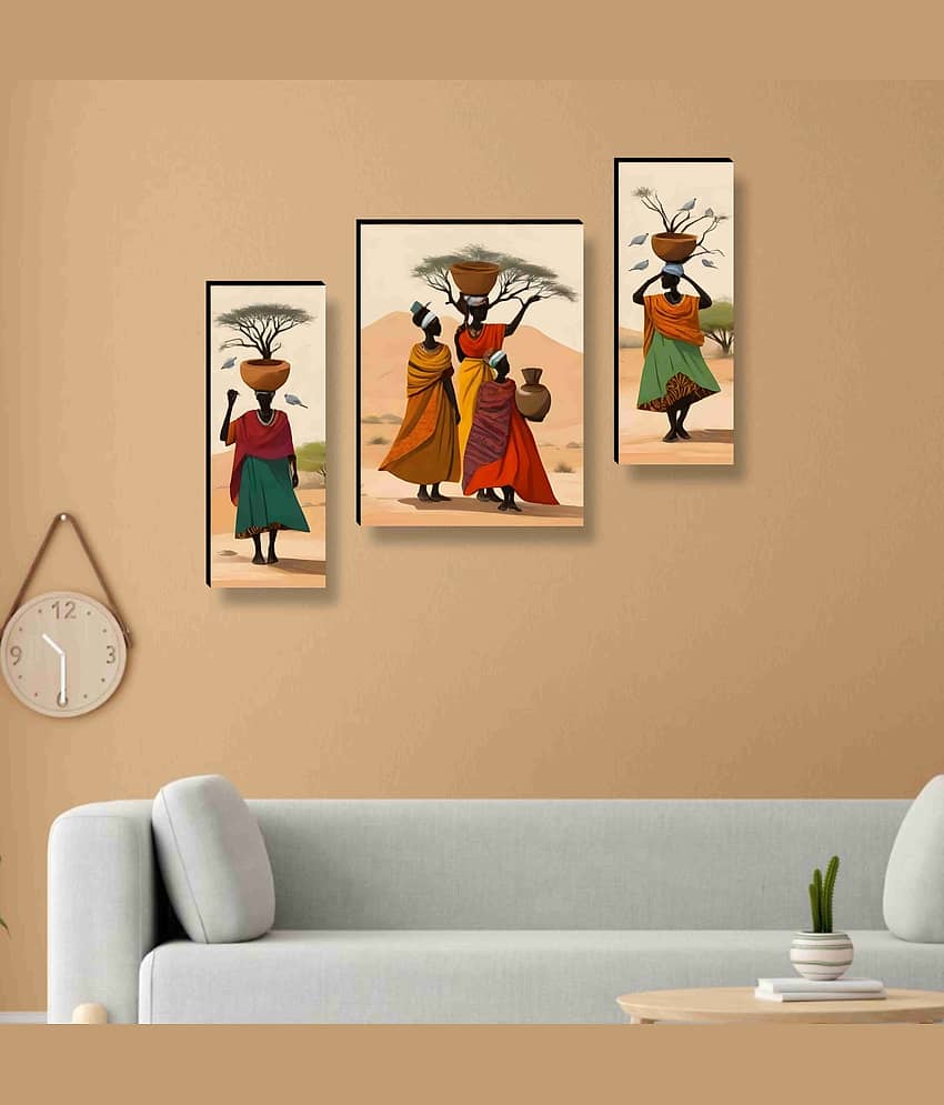 Livin'luxe African Tribal Women Wall Art – 3 Panel Cultural Painting with Desert Landscape, Pots & Birds for Ethnic Living Room Décor 12 Inch x 20 Inch view 2