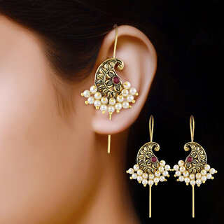 Vivastri Paisley Gold Plated Pearl Alloy Kanphool Guttapusalu Ear cuff,Cuff Earrings for Women & Girls - VIVA2836ERG-RED view 2