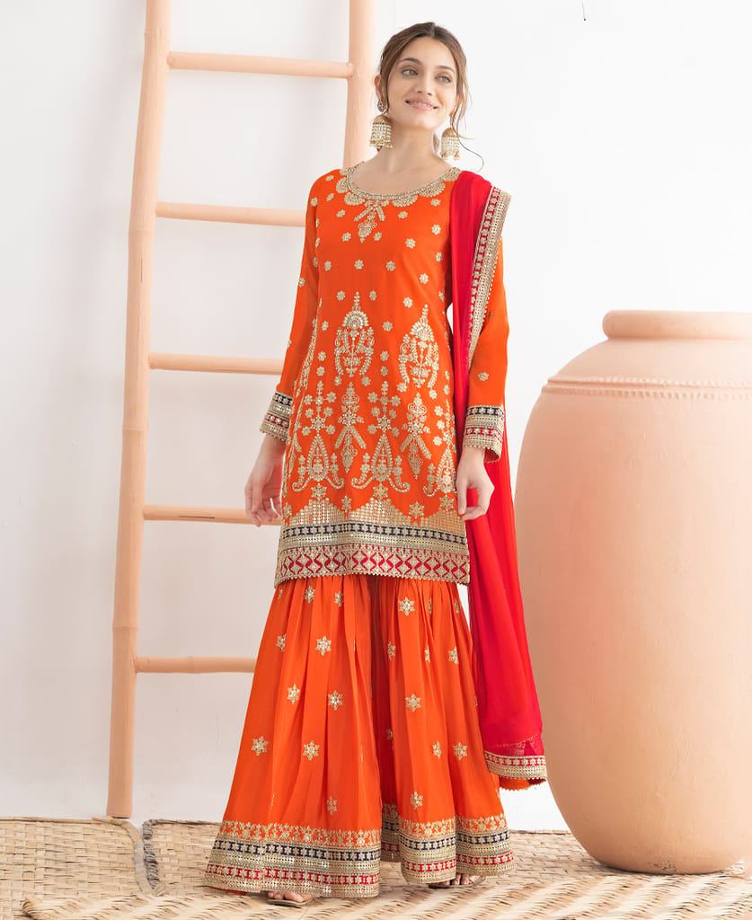 Trendy Green Chinon Sharara Suit for Women Festival Wear