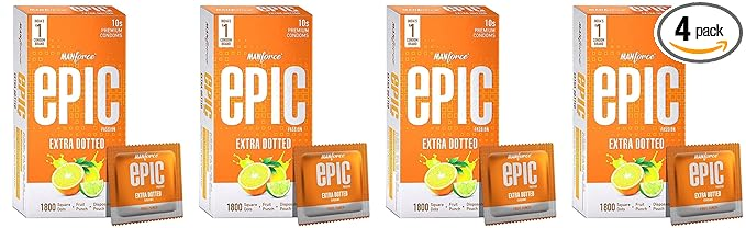 Manforce Epic Passion Extra Dotted Premium Condoms For Men With 1800 Square Dots Fruit Punch Flavour Disposable Pouch (10 Counts) Orange x pack of 4
