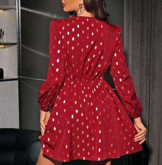 Maroon Twist Front Gold Dot Printed Flared Dress view 2