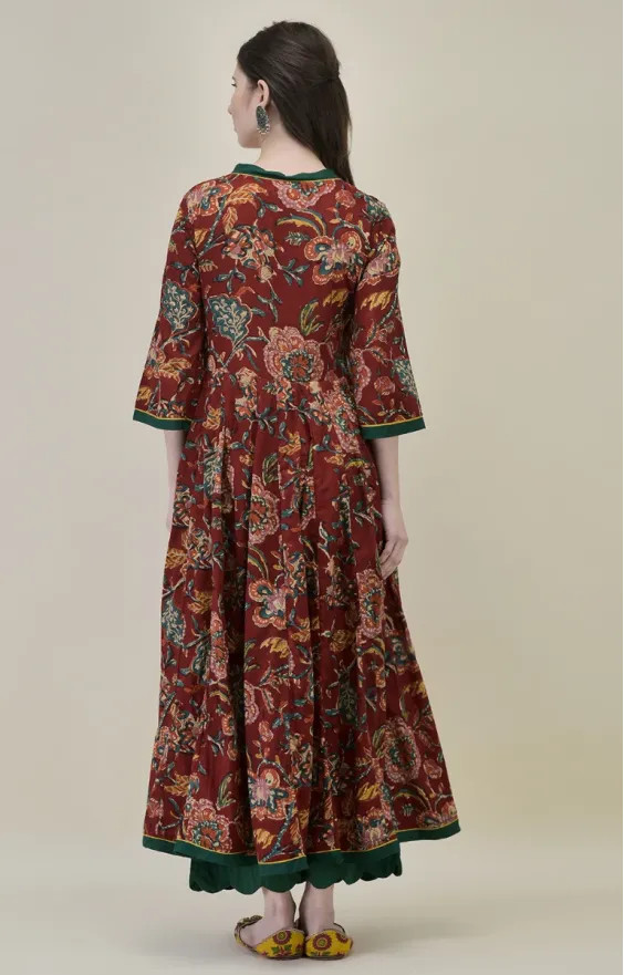 Hand Block Printed Dark Red Cotton Angrakha Suit Set view 2