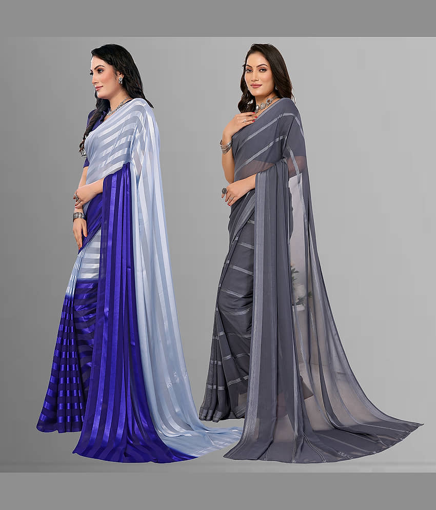 ANAND SAREES Satin Striped Saree With Unstitched Blouse Piece ( Multicolor ) view 2