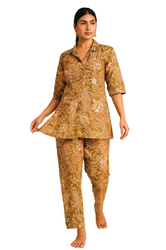 PickCell Olive Printed Delta Fabric Coord Set for Women