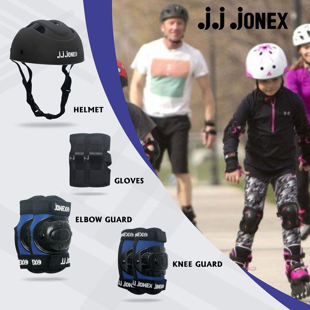JJ Jonex Skating Guard, Protective Skating Guard Kit | Skate, Cycling Protection Set | Multi Sport Gear for Children Age 5-16 Years, Helmet Elbow Guards Knee Caps & Hand Gloves (Black-Blue, Small) view 2
