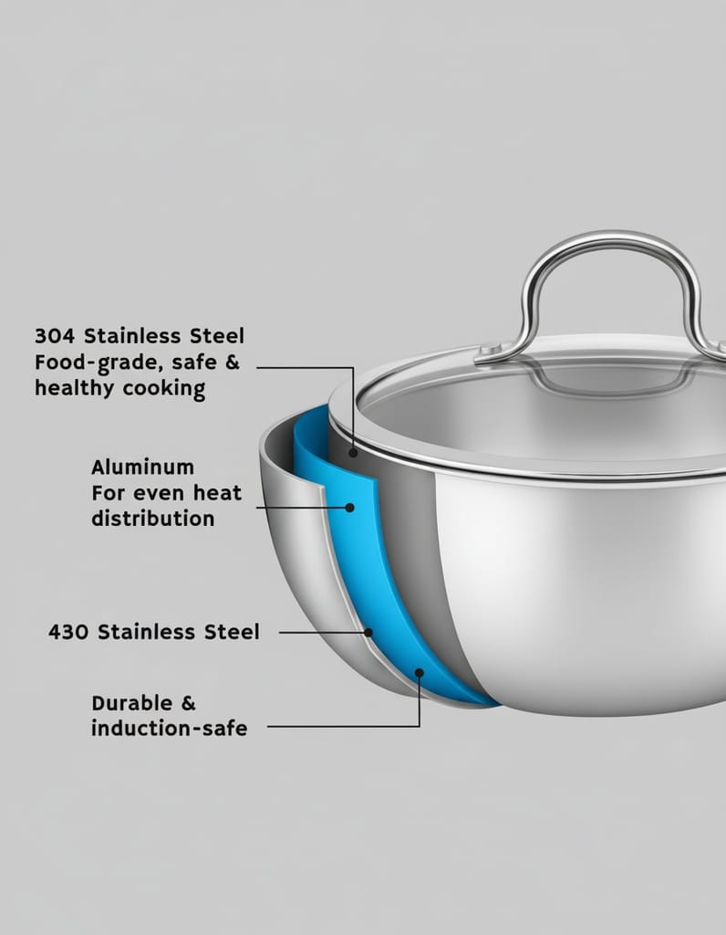 Tri-Ply Stainless Steel Deep Kadhai with Stainless Steel Lid | 26cm / 4L | Even-Heat 3-Ply Steel | Induction Compatible | Metal-Spoon Safe view 2