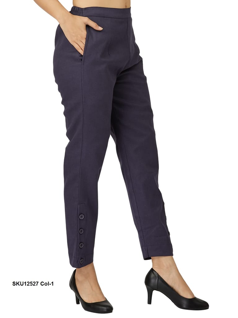 Stylish Blue Cotton Trousers for Women with Button Detail view 2