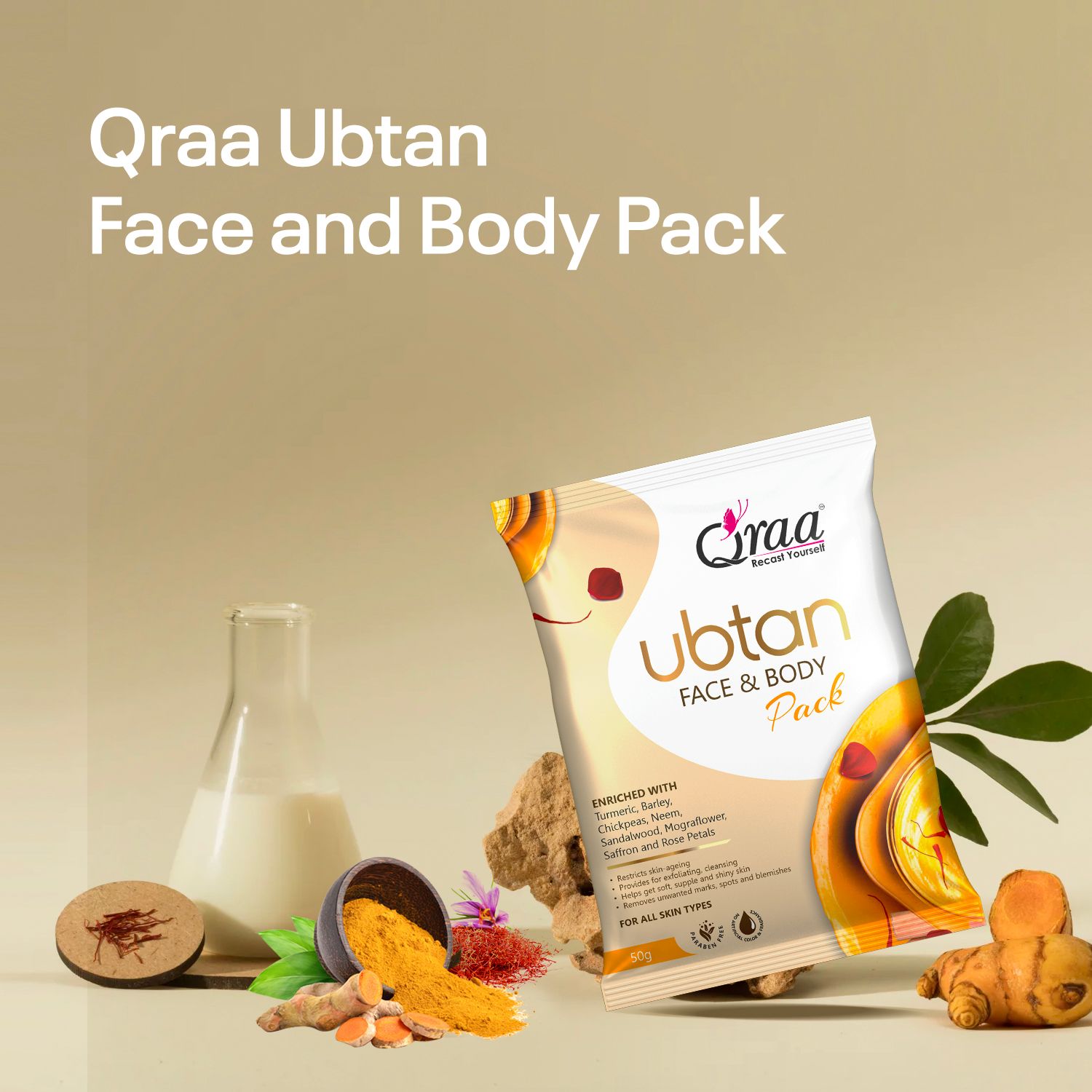 Qraa Ubtan Face Pack for Glow & Skin Brightening, Made with Turmeric, Chickpea & Rose Petal 50g - Pack of 3 view 2