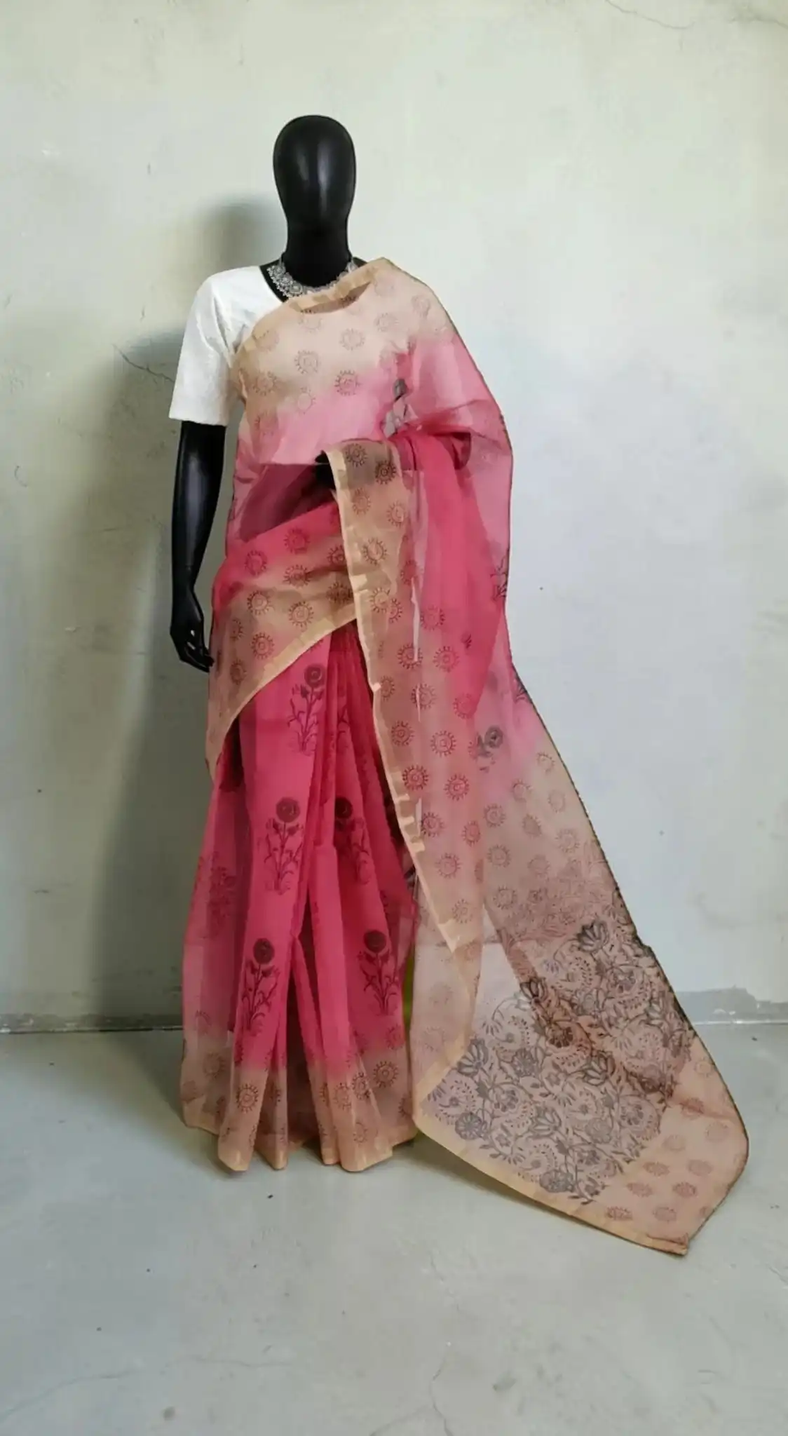 Kota Doria Block-Printed Saree in Rani Pink with Yellow Woven Border