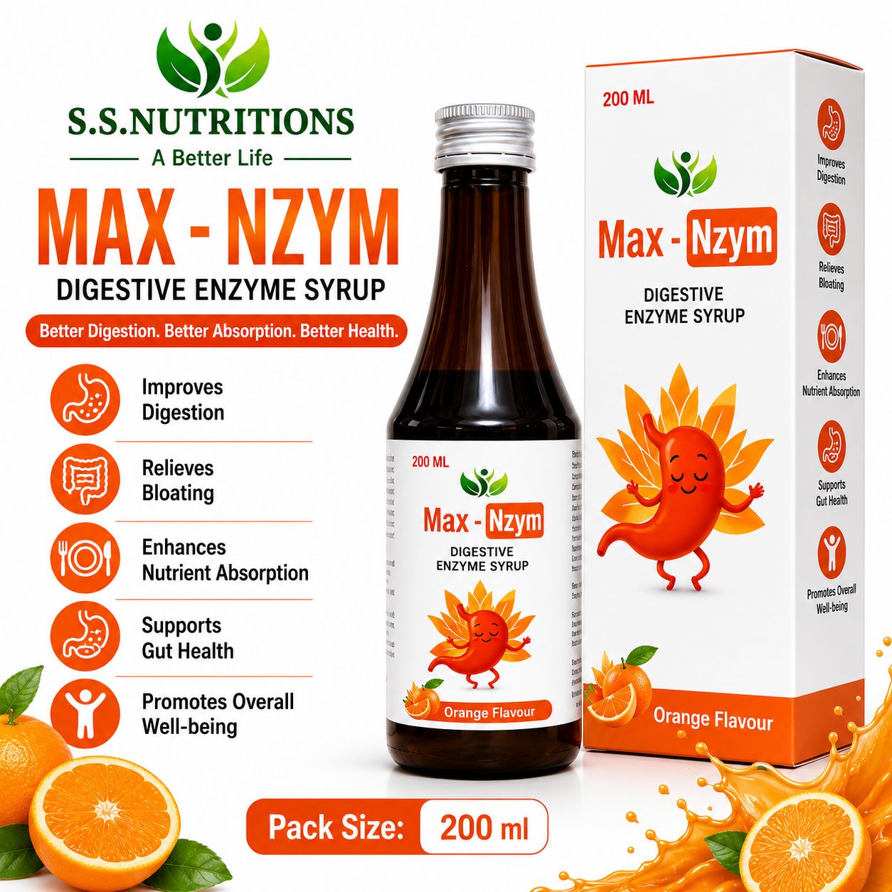 Max - Nzym Digestive Syrup Orange Flavour Bottle - 200ml